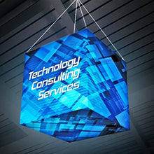 Load image into Gallery viewer, 10ft x 10ft Formulate Cube Illuminated Hanging Sign Backlit Display offers a simple, 6 sided structure for your graphics and messaging from anywhere on the trade show floor. Draw in a crowd from the stunning, Master 3D Hanging Cube Shaped Structure
