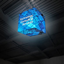 Load image into Gallery viewer, 10ft x 10ft Formulate Illuminated Cube Trade Show Hanging Sign Display offers a simple, 6 sided structure for your graphics and messaging from anywhere on the trade show, event floor floor. Draw in a crowd from the stunning, 3D Hanging Cube Shaped Exhibit
